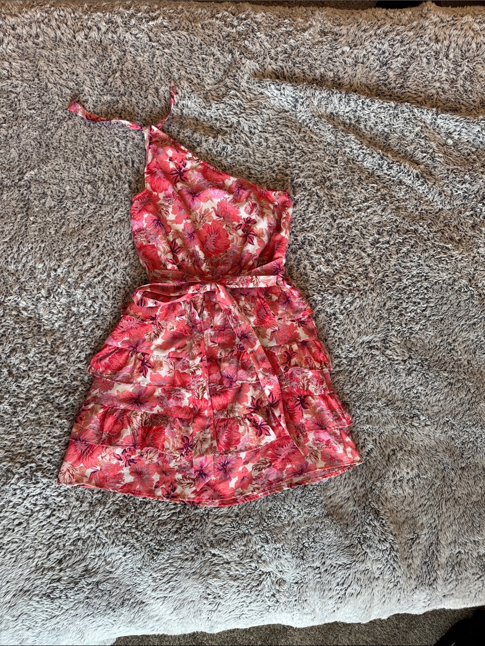 Amazon Pink Floral One-Shoulder Mini Dress with Tie Waist